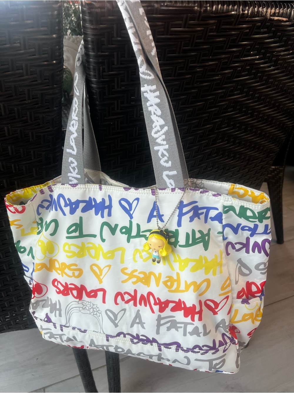Harajuku Lovers White Multicolor Graffiti Tote with Gray Straps and Yellow Charm